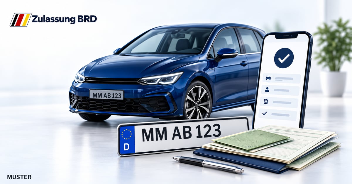 Online Fahrzeugzulassung in Memmingen: Musterkennzeichen MM AB 123, Auto und Fahrzeugpapiere und Smartphone. Illustration mit Logo von Zulassung BRD.